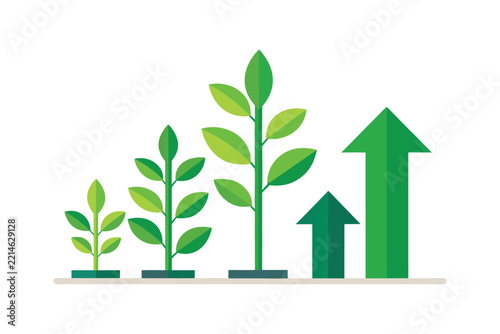 Green plant growth sequence vector illustration, growing green leaf plants and upward profit arrows for business concept