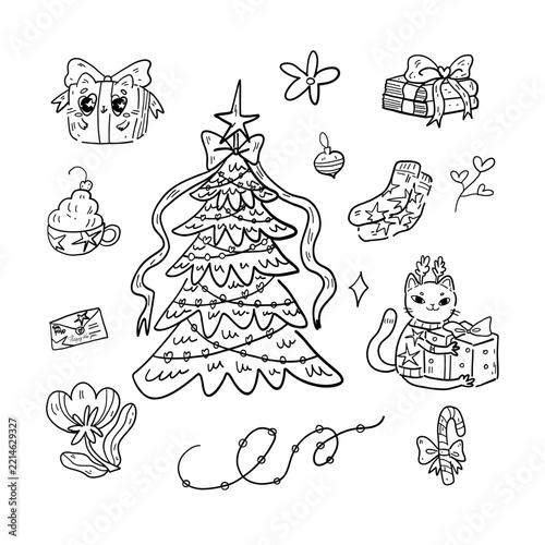 Festive outline collection with Christmas decorations, presents, candy cane, bow, cocoa, books and a cute cat in a sweater holding a gift. Cozy vector design on white.