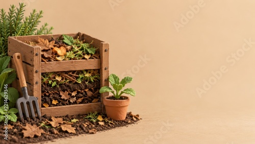 Miniature compost bin showing layers of soil and leaves beside a garden fork
