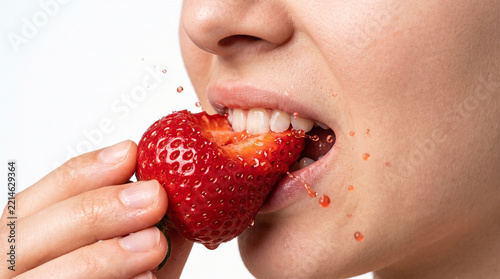 Strawberry Delight: A close-up shot captures a person biting into a juicy, ripe strawberry, with sweet juice splashing outwards, showcasing a moment of pure, unadulterated flavor and enjoyment.