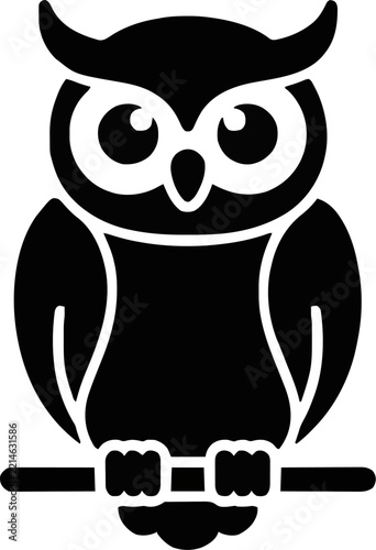 Stylized owl icon illustration, simple black silhouette of a bird sitting on a branch, minimalist graphic design element