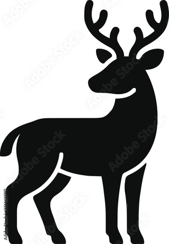 Minimalist black silhouette of a majestic deer with antlers, simple vector icon design for wildlife, nature, and hunting themes