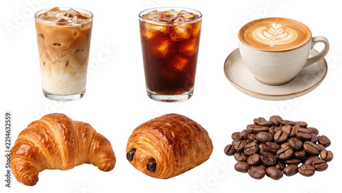 Assorted coffee drinks and French pastries on transparent background, including iced latte, iced coffee, latte with art, croissant, pain au chocolat and roasted coffee beans
