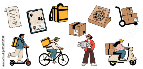 Food Delivery and Courier Service Clipart Set with Delivery Riders, Packages, Pizza Order and Tracking App