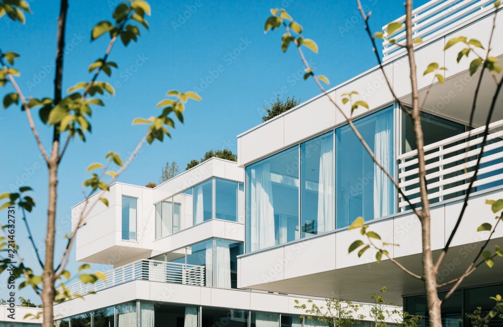 Obraz premium Modern white apartment buildings feature green balconies, lush plants, trees, and garden spaces, showcasing sustainable residential architecture, eco-friendly urban living, and contemporary design.