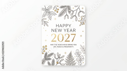Elegant New Year Card With Gold 2027 Text and Botanical Border
