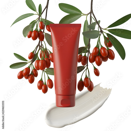 Red Cosmetic Cream Tube with Goji Berries Leaves and White Skincare Smear