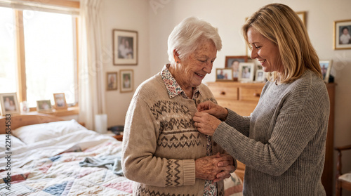 Adult daughter helping elderly mother button cardigan caregiving concept.