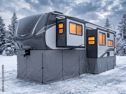 RV parked at winter campsite