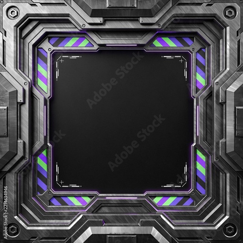 Futuristic Sci-Fi Steel Armored Border Frame with Neon HUD Accent