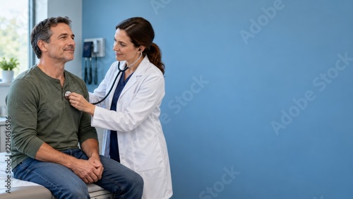 Physician Listening to a Man Chest against a Plain Blue Clinic Wall