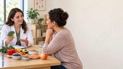 Dietitian Discussing Fresh Vegetables and Balanced Food with a Woman