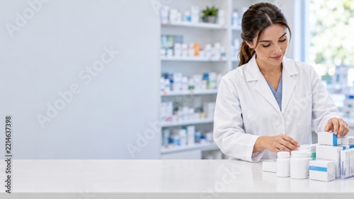 Female Pharmacist Organizing Plain Medicine Containers at a White Counter