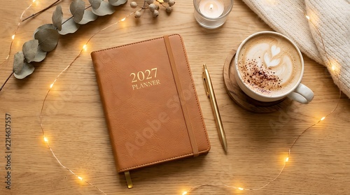 Warm Brown Leather 2027 Planner On Wood Desk With Coffee Cup And Fairy Lights