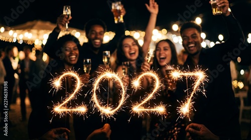 Happy Diverse Group Celebrating 2027 with Sparklers at Night