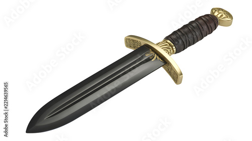 Ornate Medieval Short Sword with Black Blade and Gold Guard Isolated