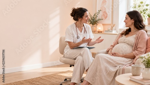 Midwife Talking with a Pregnant Woman in a Warm Peach Colored Clinic