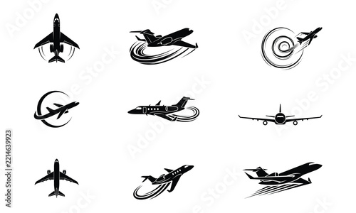 Modern jet aircraft icons in motion during flight with stylized contrails isolated on white background