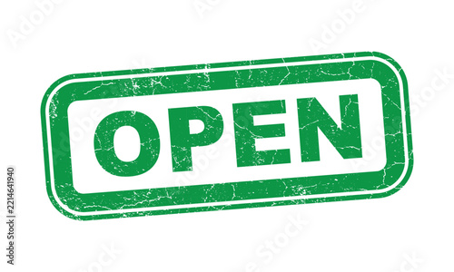 Green open sign stamp with grunge texture for store and business concept