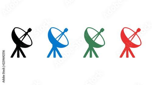 Satellite dish antenna icon set with tripod stands in multiple colors for telecommunication and broadcast network