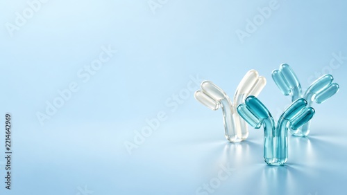 Transparent Antibody Models on a Reflective Pale Blue Studio Surface