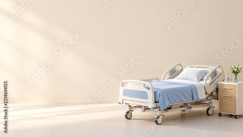 Hospital Bed with Blue Bedding and a Bedside Cabinet on a Warm Cream Backdrop