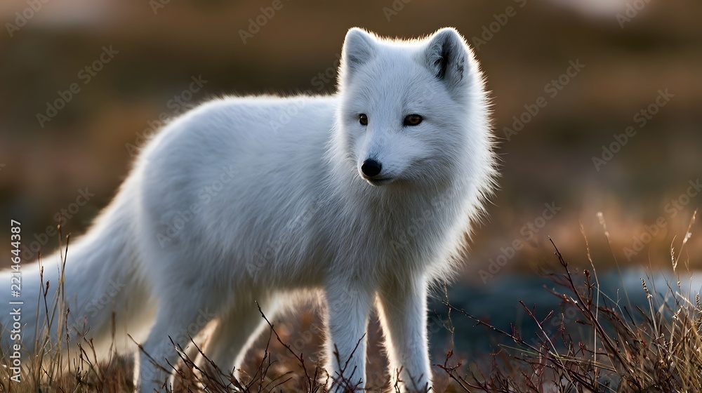 Fototapeta premium A white fox stands alert in a sunlit field of dry grass and shrubs its fur glowing softly under warm ambient light