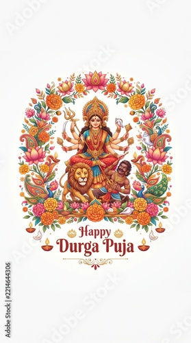 Goddess Durga seated on a lion surrounded by colorful floral decorations and diyas