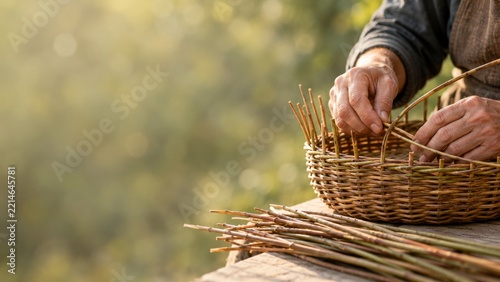 Hands Weaving an Unfinished Willow Basket in Warm Outdoor Light