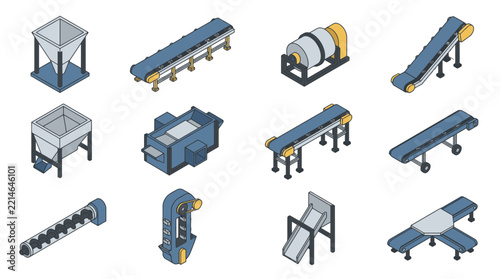 Elegant Isometric Illustrations of Industrial Conveyor Systems and Material Handling Equipment in Blue and Gray