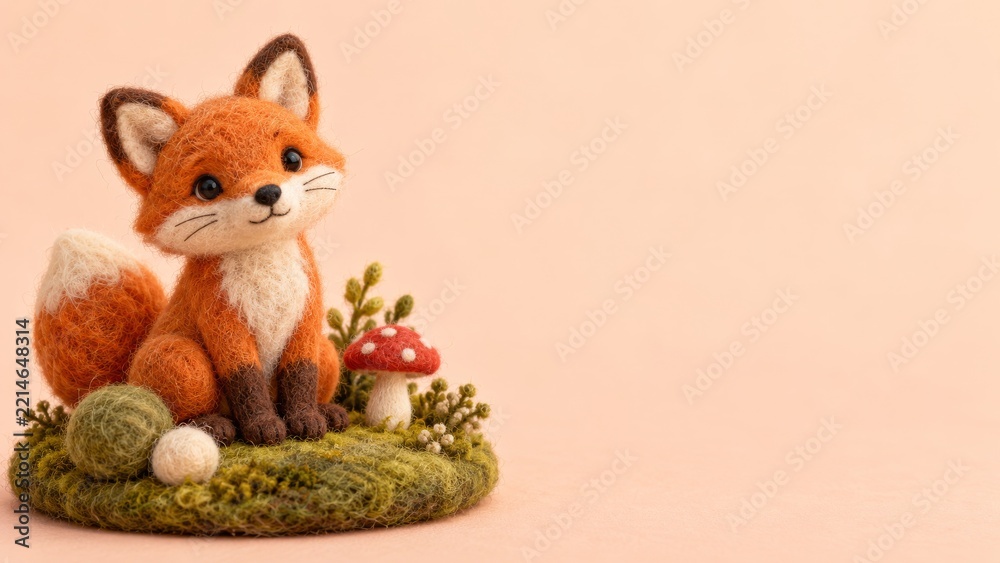 Fototapeta premium Needle Felted Fox with a Red Mushroom on a Mossy Wool Base with Copy Space