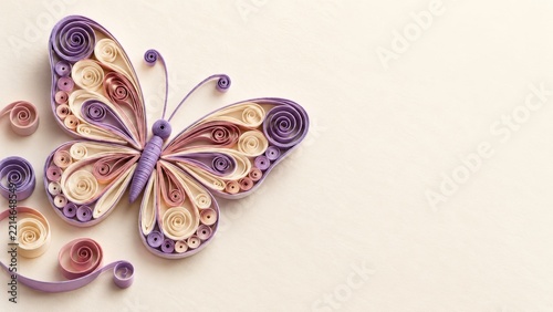 Quilled Paper Butterfly with Pink Purple and Cream Spirals with Copy Space