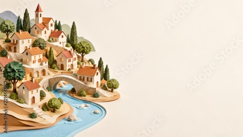 Layered Paper Village with Red Roofs and a Stone Bridge over a River