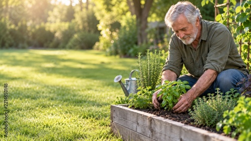 Senior gardener tending fresh herbs in a raised wooden garden bed