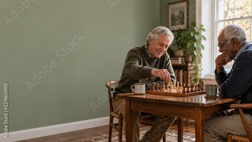 Two senior friends playing chess at a wooden table in a bright room