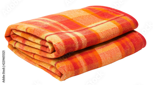 Folded orange plaid fleece blanket isolated on transparent background as png file for digital design projects