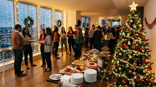 Diverse group of friends enjoying a festive christmas party in a modern apartment with city lights, a decorated tree, and a table full of holiday snacks
