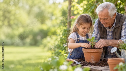 Grandfather and young girl planting a seedling in a terracotta pot
