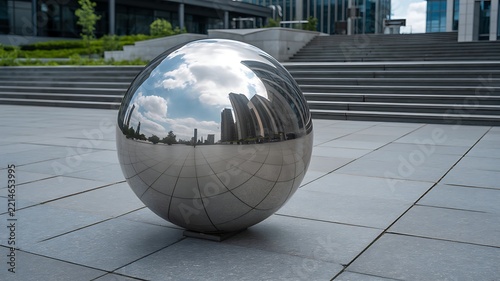 Reflective metallic sphere sculpture standing in a modern urban plaza surrounded by contemporary architecture