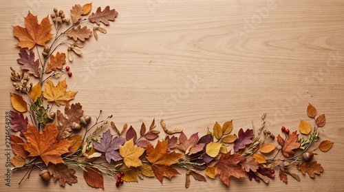Autumn leaves arranged in the shape of the letter l on a wooden surface