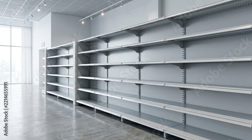 Empty shelves in a modern retail store interior, minimalist shop with blank shelving and polished concrete floor