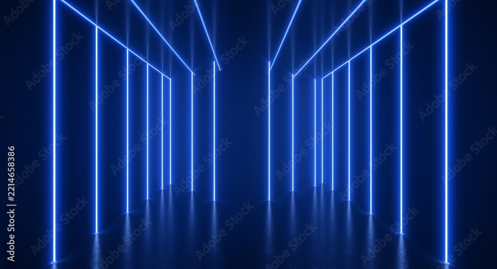 Fototapeta premium An abstract minimal backdrop featuring glowing vertical lines and electric blue accents, reminiscent of a laser show in a virtual reality setting, designed for stunning copy space.