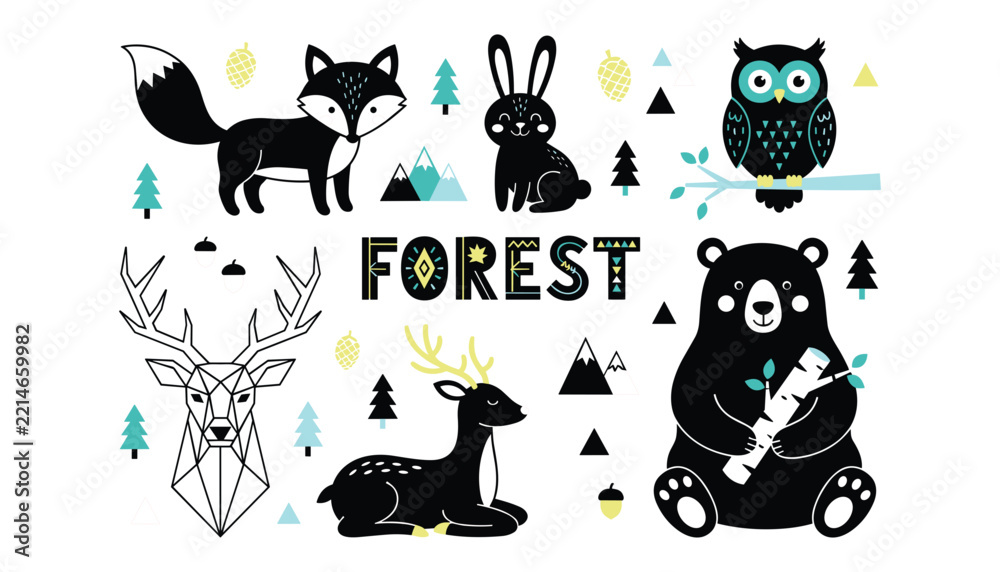 Obraz premium Cute scandinavian style forest animals set with black bear fox deer owl and rabbit flat vector illustration isolated on white background