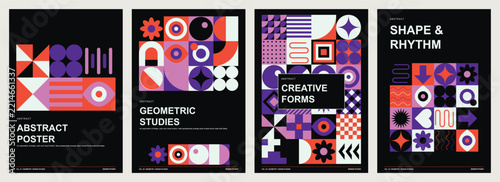 Retro geometric poster templates in red blue black. Abstract vector cover layouts, modern Memphis design flyers for branding