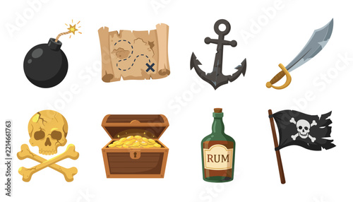 Pirate adventure vector element icon collection featuring treasure chest gold coins map bomb skull crossbones anchor rum bottle flag set