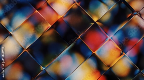 Abstract glass tiles background with colorful blurred bokeh lights