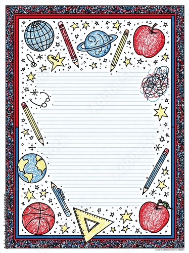 Lined paper with a colorful border of hand-drawn education themed doodles and stationery