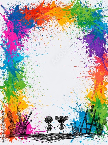 Children stick figures holding hands, surrounded by vibrant paint splashes and art supplies