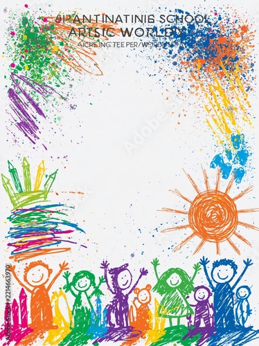 Group of happy children drawn with crayons and paint splashes celebrating creativity and education