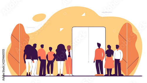 People standing in line at an open doorway, diverse group waiting together in queue, flat vector illustration about opportunity and choice